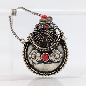 VTG Tibetan Himalayan Snuff Bottle Pendant Silver Tone Intricate